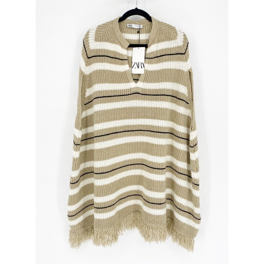 Zara Halo Brown Striped Sleeveless V Neck Fringed Hem Poncho Sweater Size S - Picture 2 of 10